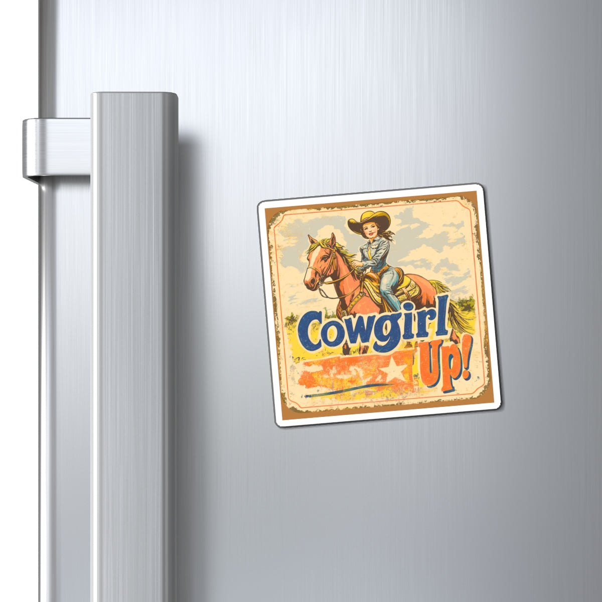 Cowgirl Up Vintage Rodeo Poster Inspired Magnet 3 in by 3 in | Lifestyle