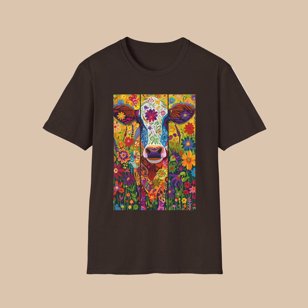Dark Chocolate | Unisex | Colorful Floral Cow T-Shirt - Vibrant Folk Art Farm Animal Tee