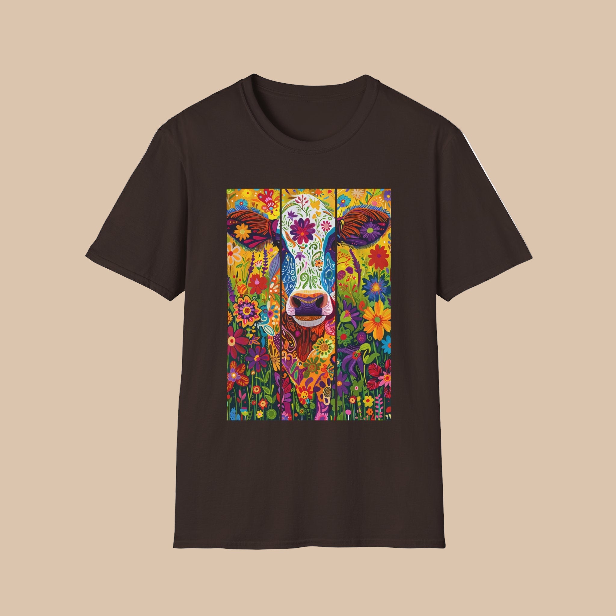 Dark Chocolate | Unisex | Colorful Floral Cow T-Shirt - Vibrant Folk Art Farm Animal Tee