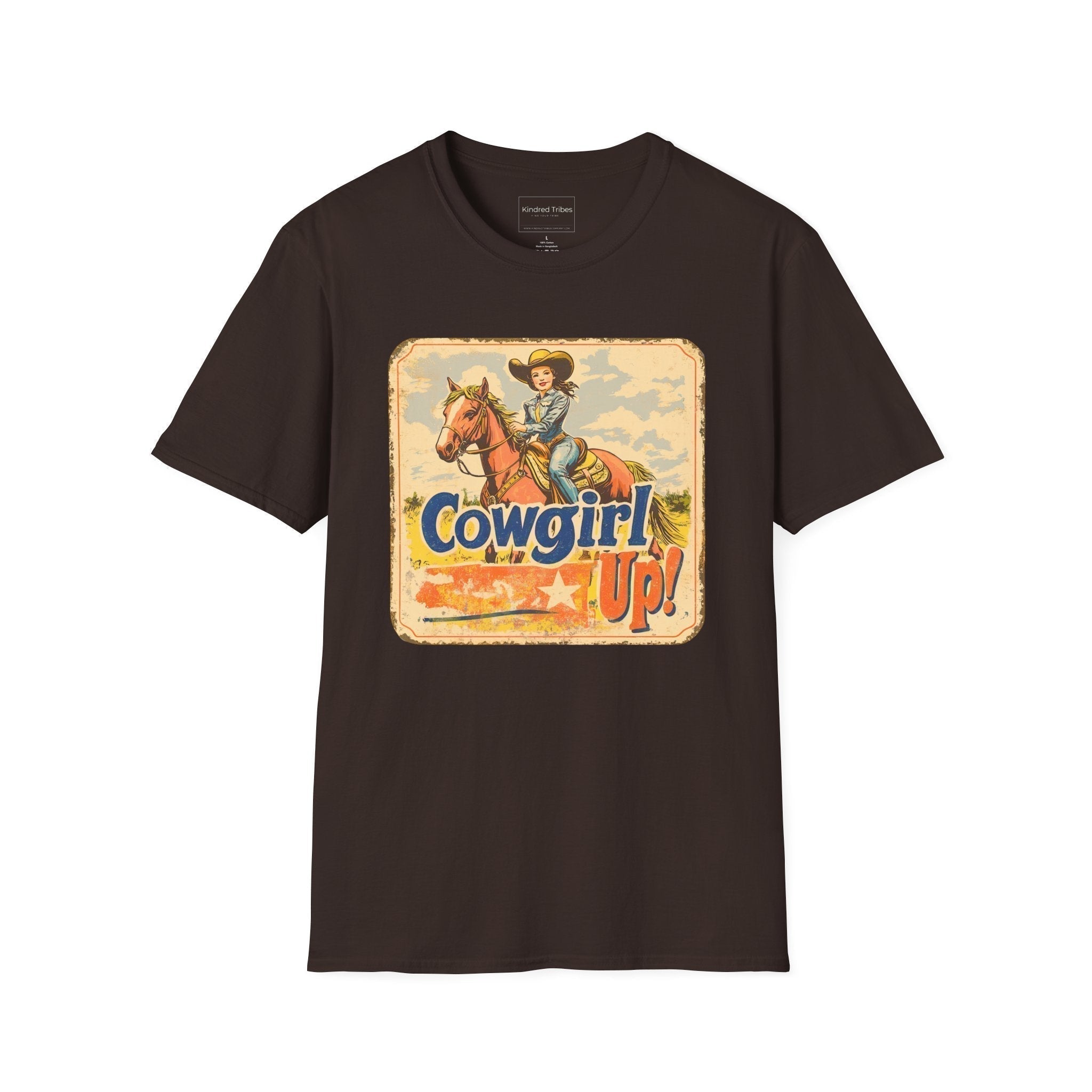 Dark Chocolate | Unisex | Cowgirl Up Vintage Rodeo Poster Inspired T-Shirt - Western spirit