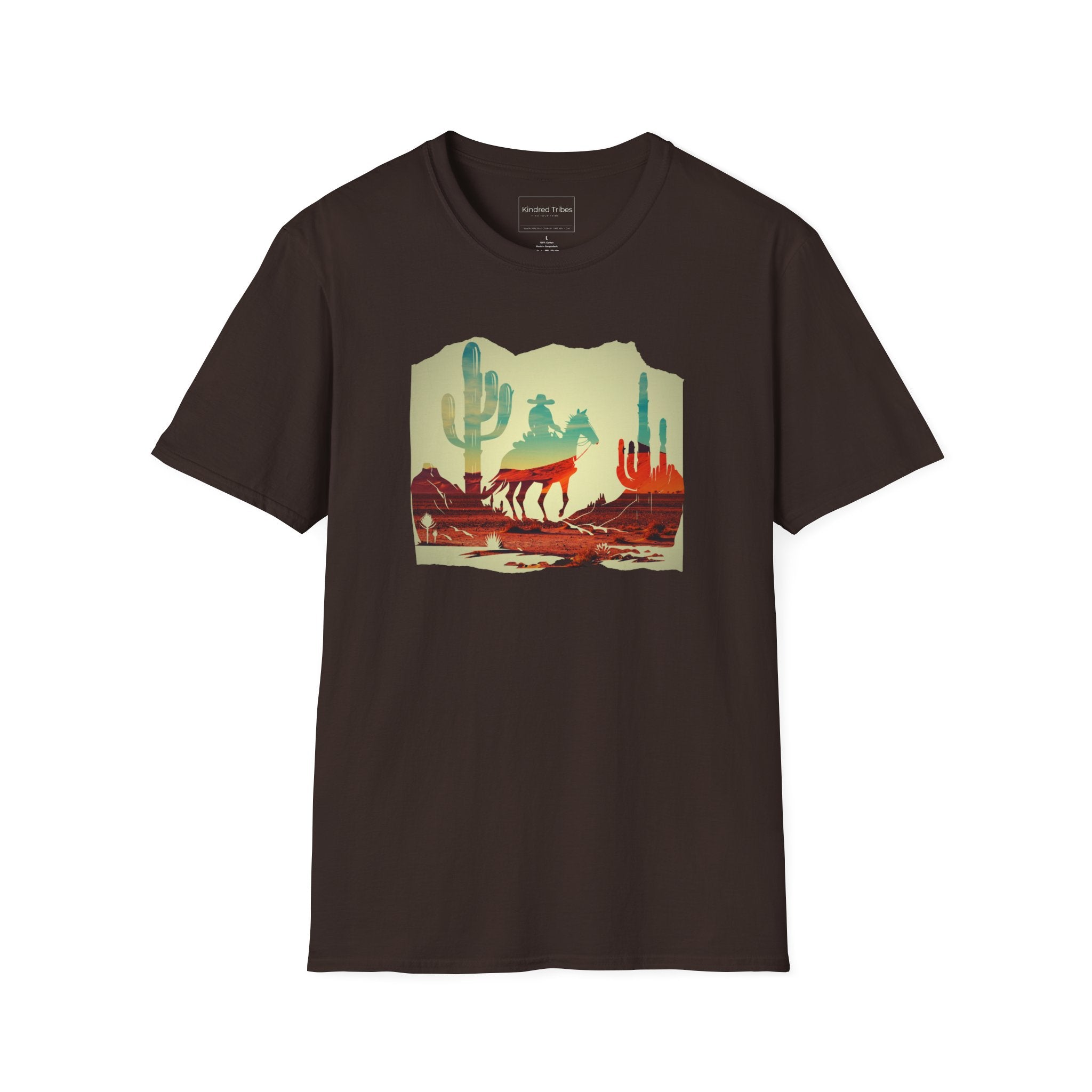 Desert Rider T-Shirt in Dark Brown - Artistic silhouette of a cowboy on a horse at sunset against large saguaro cacti. 