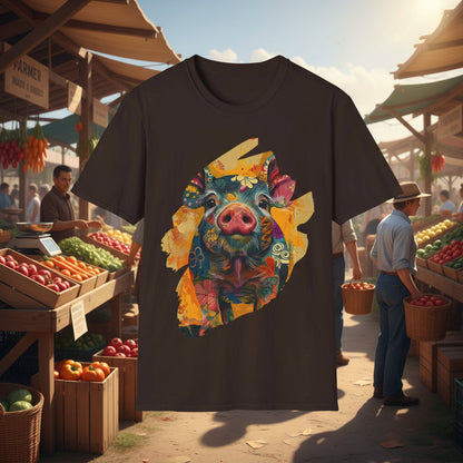 Dark Chocolate | Unisex | Hello Piggy T-Shirt - Vibrant Farm Animal Graphic Tee
