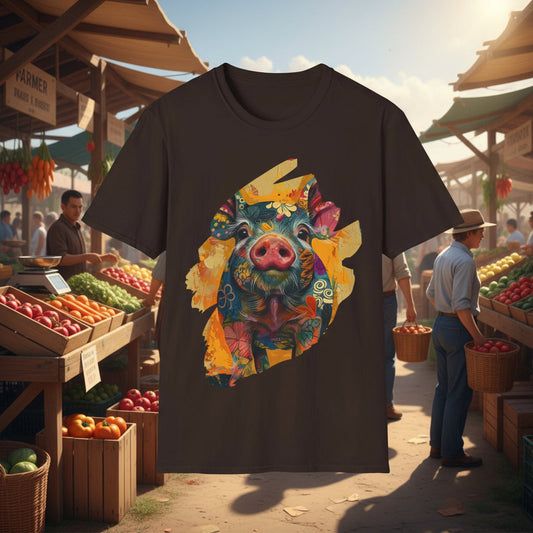 Dark Chocolate | Unisex | Hello Piggy T-Shirt - Vibrant Farm Animal Graphic Tee