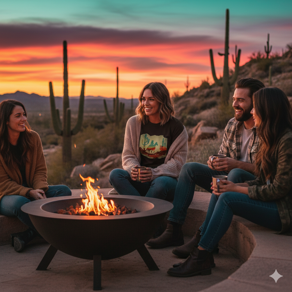 A young woman wearing a Desert Rider T-Shirt in Dark Brown - Artistic silhouette of a cowboy on a horse at sunset against large saguaro cacti. 