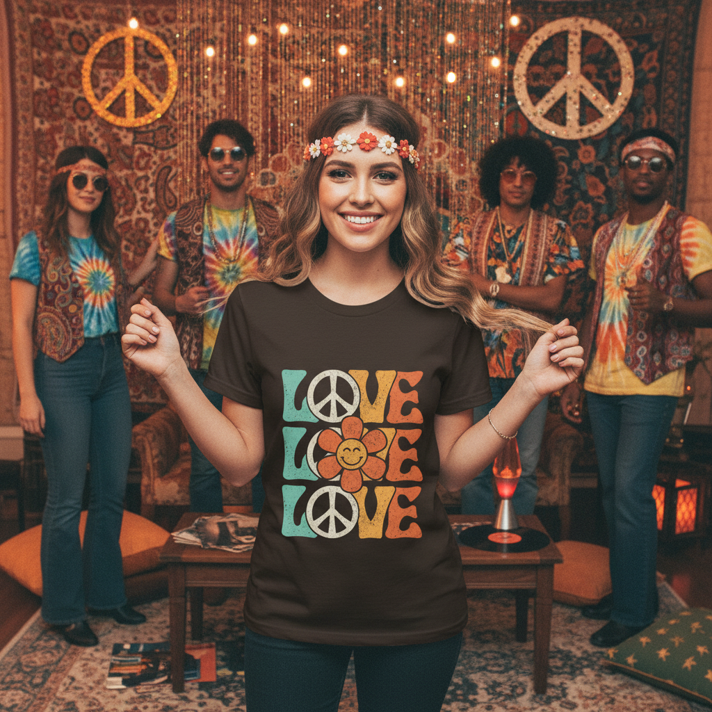 Dark Chocolate | Unisex | Lifestyle | Retro Peace and Love T-Shirt - Smiling Flower Hippie Tee