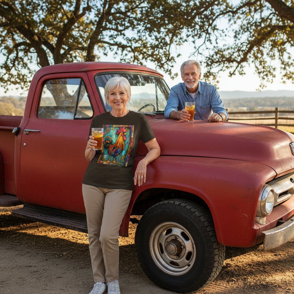 Dark Chocolate | Unisex | Lifestyle | Rooster Farmhouse T-Shirt - Colorful Rustic Rooster Art Tee