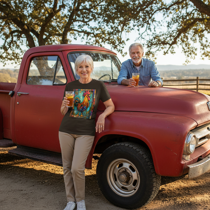 Dark Chocolate | Unisex | Lifestyle | Rooster Farmhouse T-Shirt - Colorful Rustic Rooster Art Tee