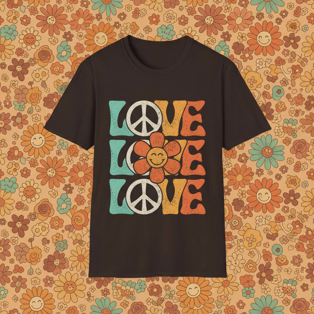Dark Chocolate | Unisex | Retro Peace and Love T-Shirt - Smiling Flower Hippie Tee
