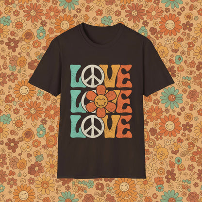 Dark Chocolate | Unisex | Retro Peace and Love T-Shirt - Smiling Flower Hippie Tee