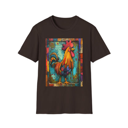 Dark Chocolate | Unisex | Rooster Farmhouse T-Shirt - Colorful Rustic Rooster Art Tee