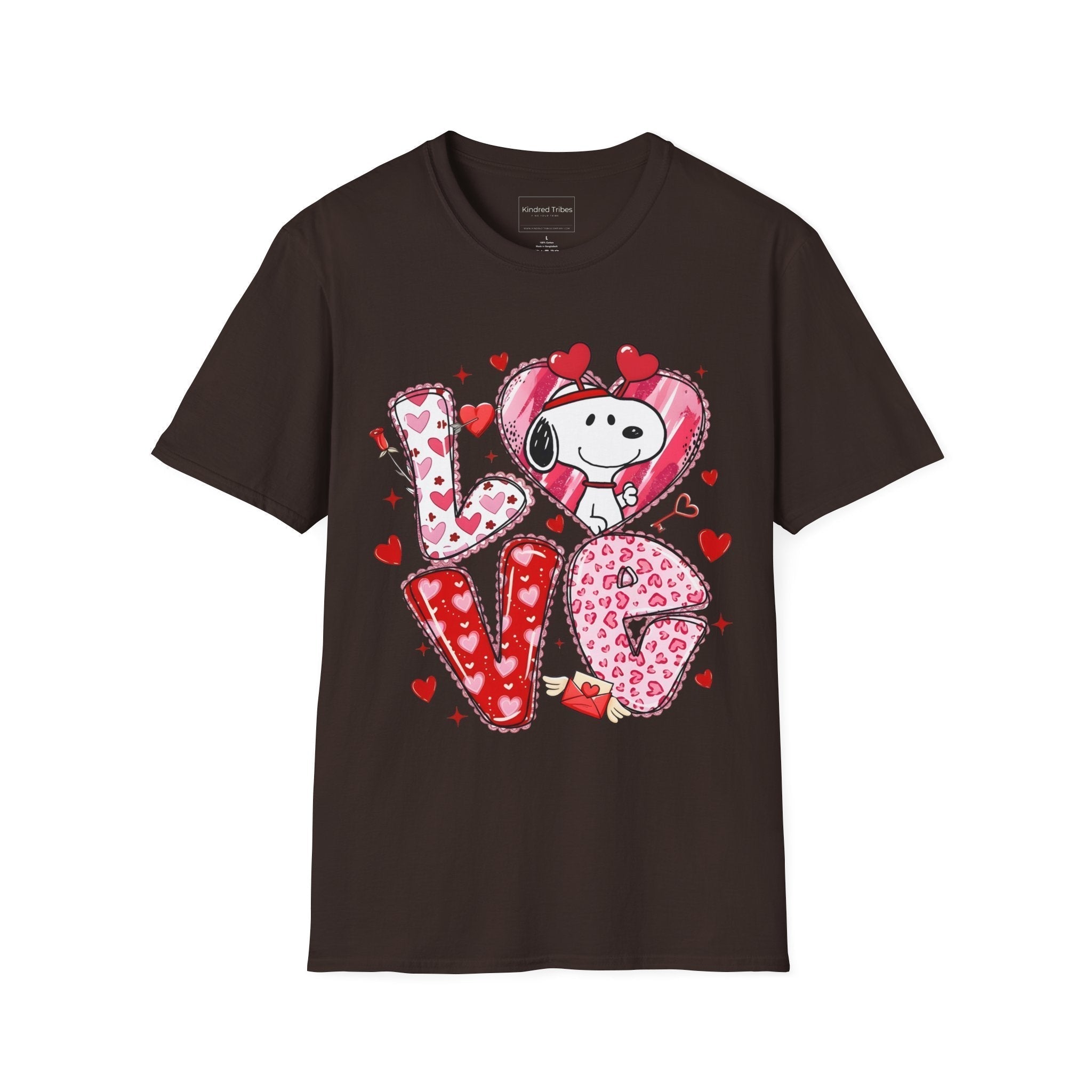 Dark Brown Snoopy Love Heart-to-Heart T-Shirt with the letters L-O-V-E on it with pink and red hearts and the letter O is a heart with Snoopy in it. 