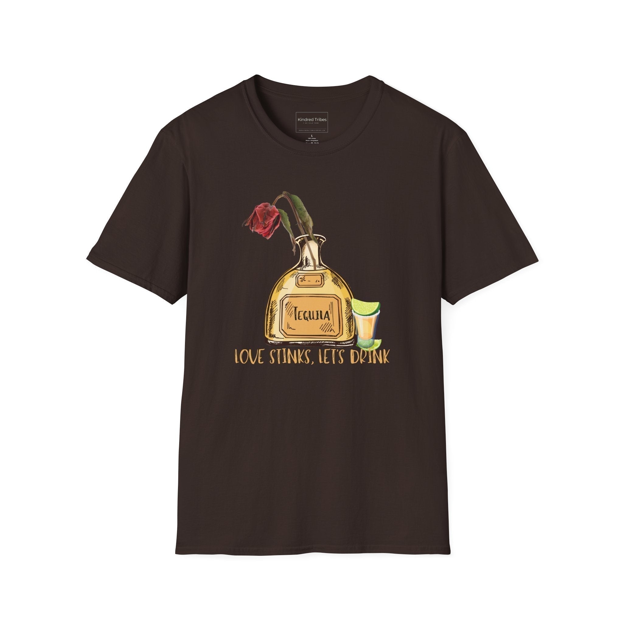 Brown Love Stinks Let’s Drink Anti-V Day Tee with a graphic Tequila bottle with a wilted rose in it, a shot glass with limes to the side, and text of Love Stinks, Let's Drink under it. 