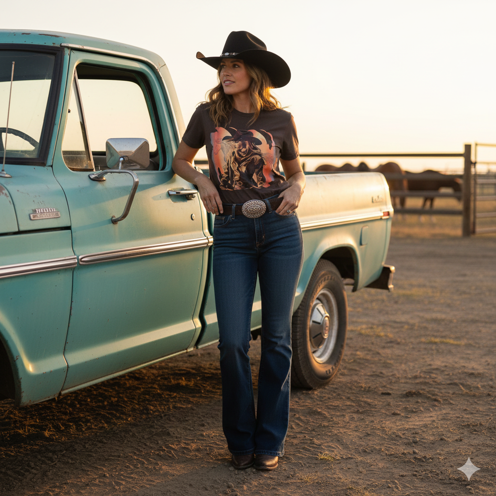 Cowgirl Sunset Shadow Rider T-Shirt - Vibrant Vintage Graphic Design