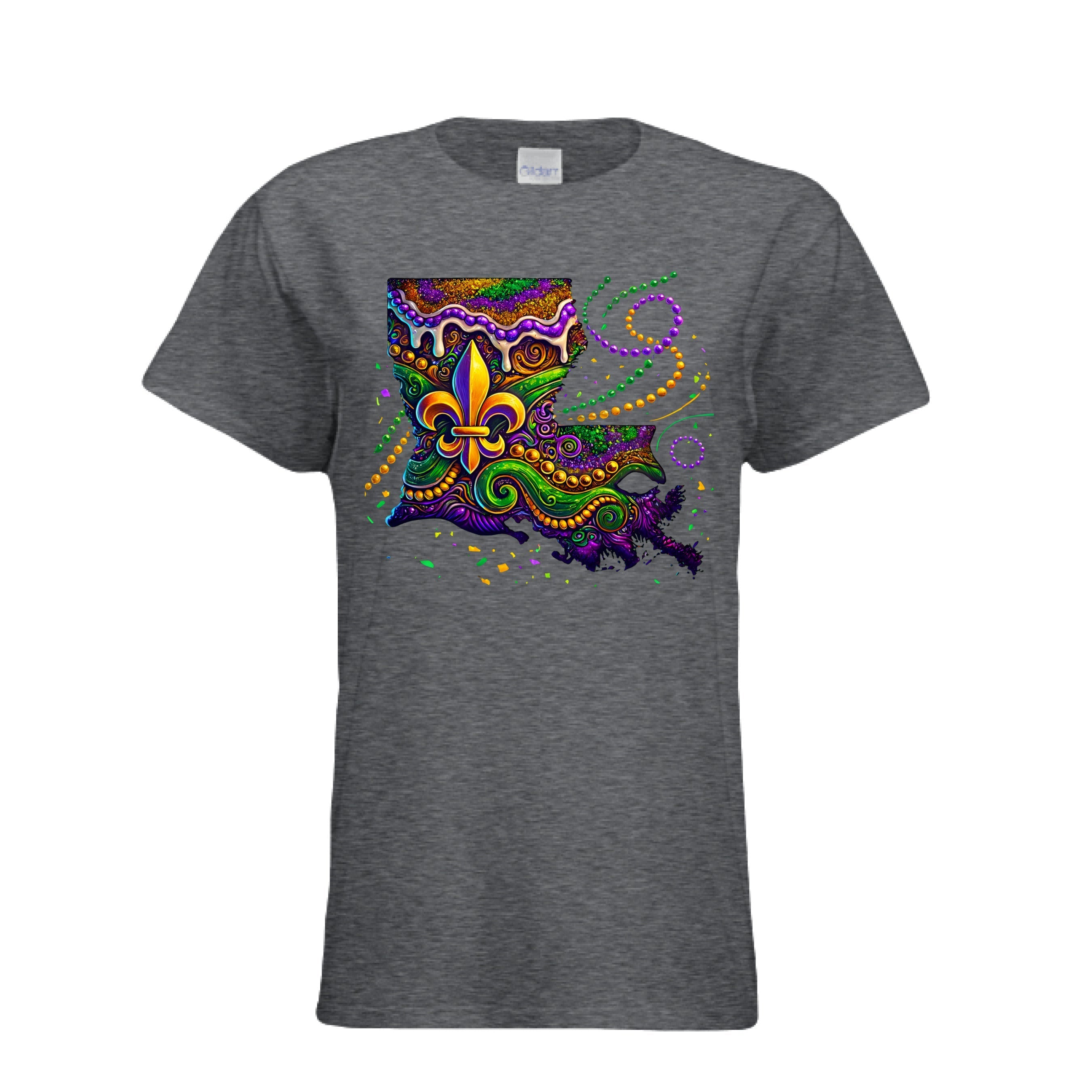 A vibrant graphic Louisiana Carnival T-Shirt featuring the silhouette of the state of Louisiana filled with an intricate Mardi Gras design. The map is decorated with swirls of royal purple, emerald green, and shimmering gold, including a large golden fleur-de-lis, festive beads, and a white dripping icing effect. The design is presented on a dark heather grey semi-fitted women's cotton tee.