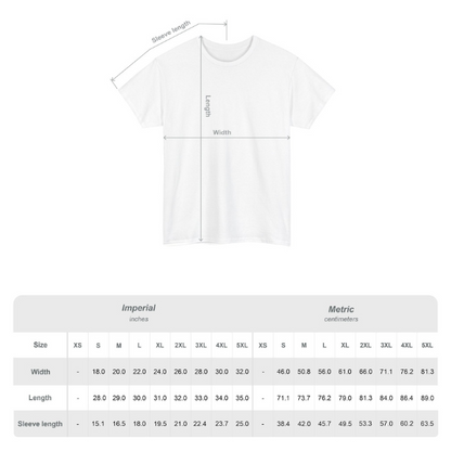 White unisex heavyweight classic fit t-shirt with "Paws and Give Thanks" autumn paw print design and sizing chart.