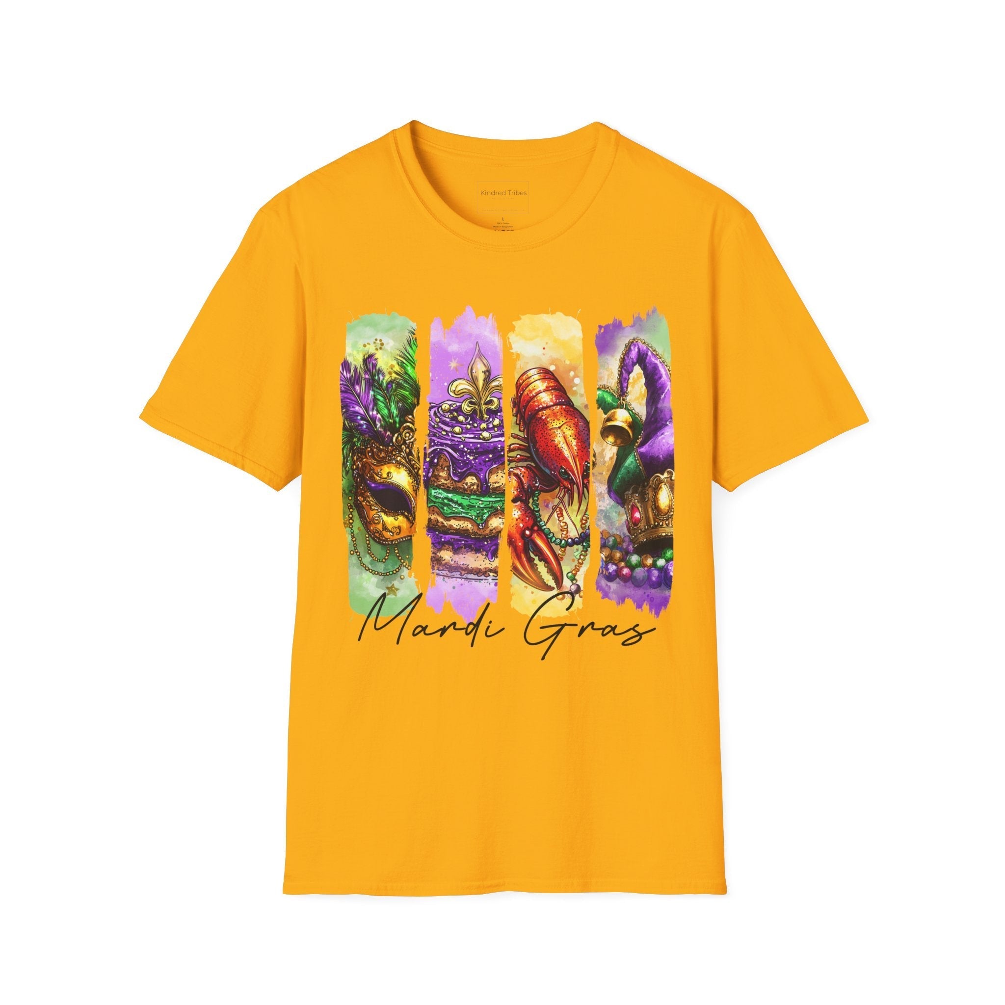 The Ultimate Mardi Gras Tee in Gold featuring a four-panel vertical graphic celebrating Mardi Gras. The panels, from left to right, depict an ornate golden masquerade mask on a green background, a purple-iced King Cake with a fleur-de-lis on a purple background, a vibrant red crawfish on a yellow background, and a jester's hat with colorful beads on a purple background. Below the panels, 'Mardi Gras' is written in elegant black script.