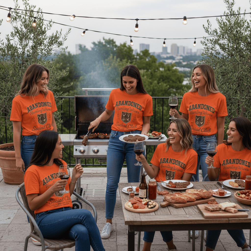 Group of women wearing the Abandoned Hunting Wives Social Club Tshirt cooking steaks and drinking wine - Orange