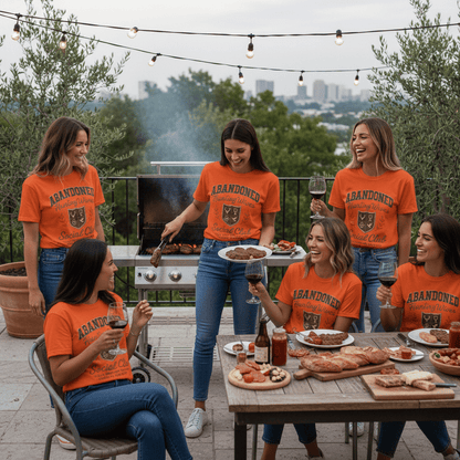 Group of women wearing the Abandoned Hunting Wives Social Club Tshirt cooking steaks and drinking wine - Orange