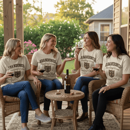 Group of women sitting on a porch drinking wine wearing the Abandoned Hunting Wives Social Club - Sand