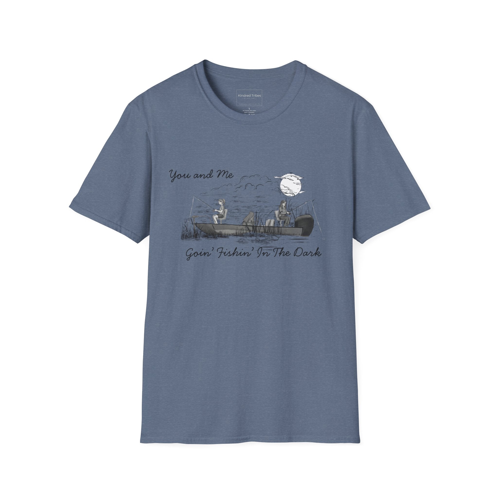 The Best Friends Fishin' In The Dark T-Shirt shows two women in a fishing boat fishing with the moon shining down in a black and white hand sketched print design on a heather indigo cotton tee.