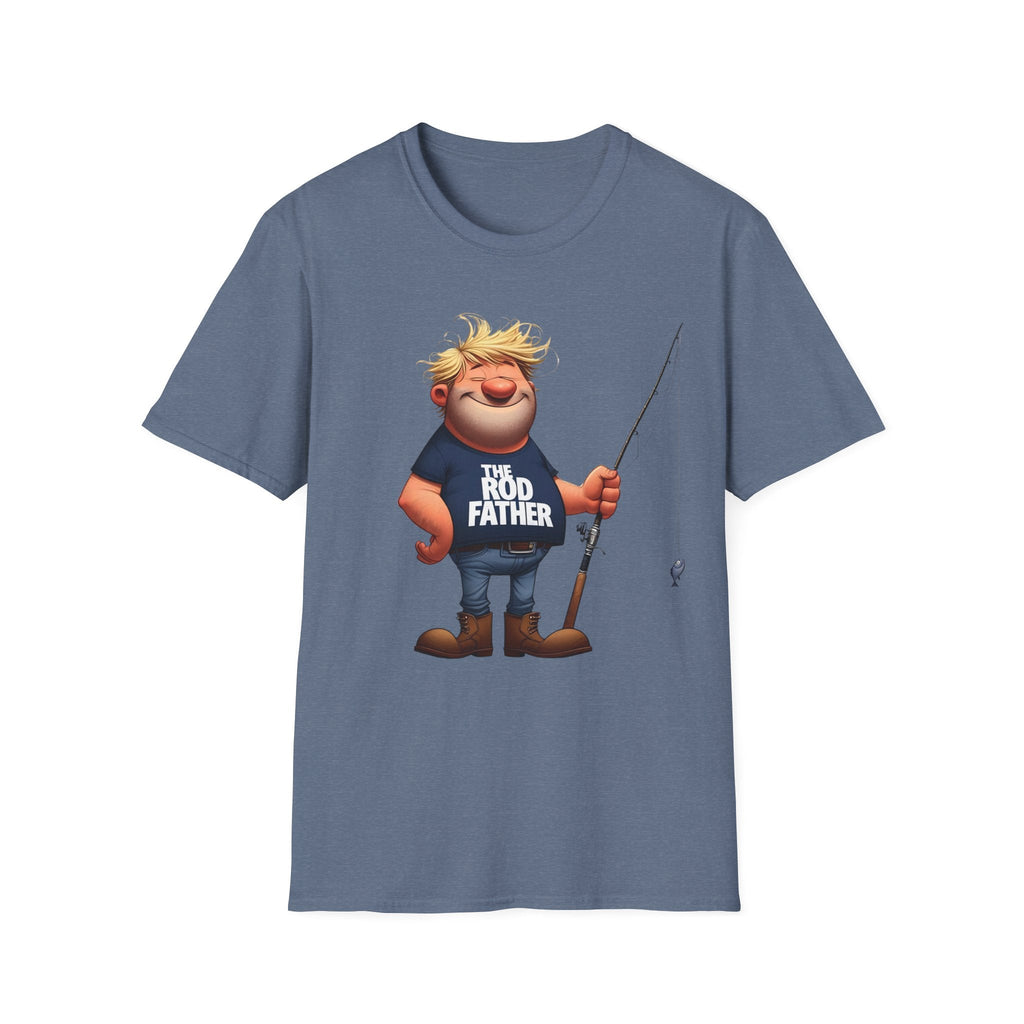Heather Indigo | Unisex | Cartoon Rodfather Fishing T-Shirt | Perfect Gift for Dad