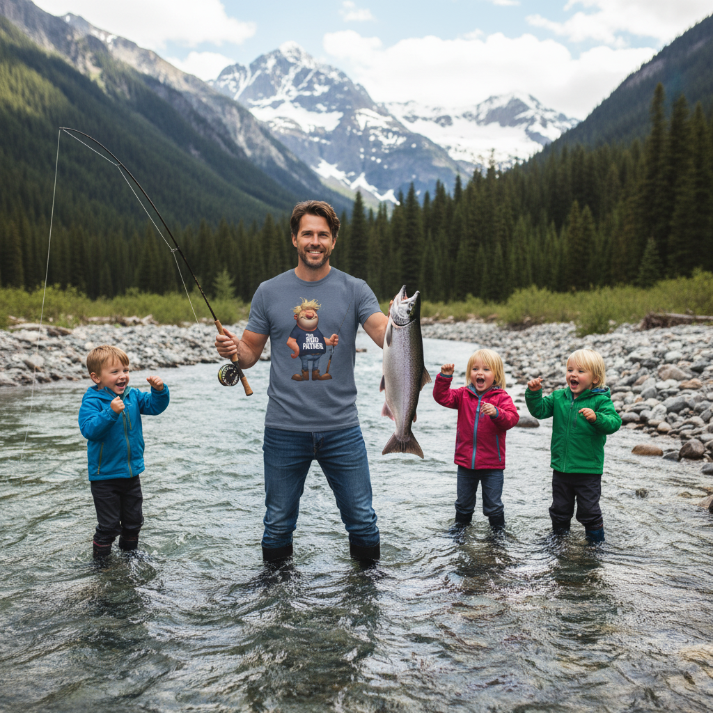 Heather Indigo | Unisex | Cartoon Rodfather Fishing T-Shirt | Perfect Gift for Dad