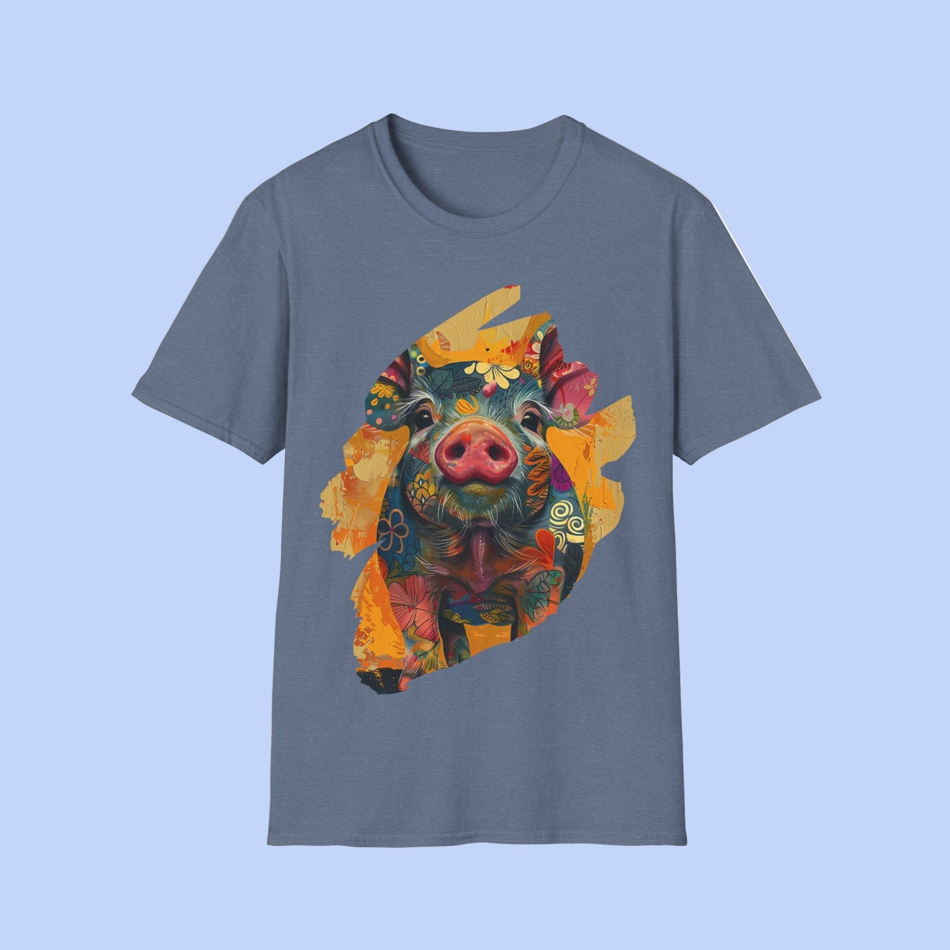Heather Indigo | Unisex | Hello Piggy T-Shirt - Vibrant Farm Animal Graphic Tee