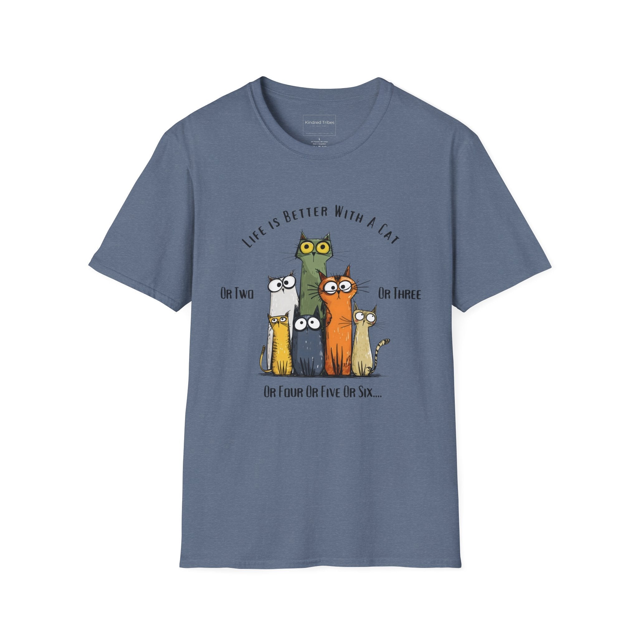 Heather Indigo | Unisex | Life Is Better With a Cat - Graphic T-Shirt (Six Cats) | Gift for Cat Lovers