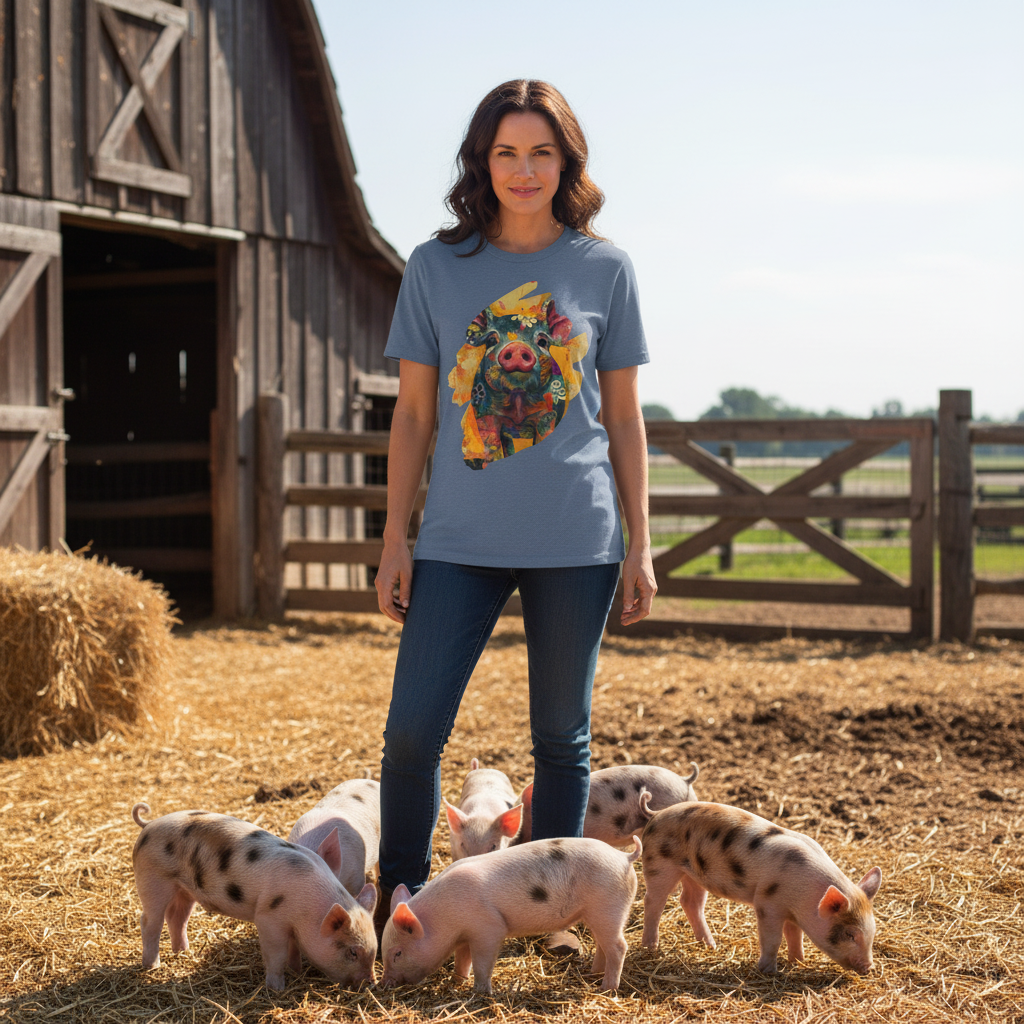 Heather Indigo | Unisex | Lifestyle | Hello Piggy T-Shirt- Vibrant Farm Animal Graphic Tee