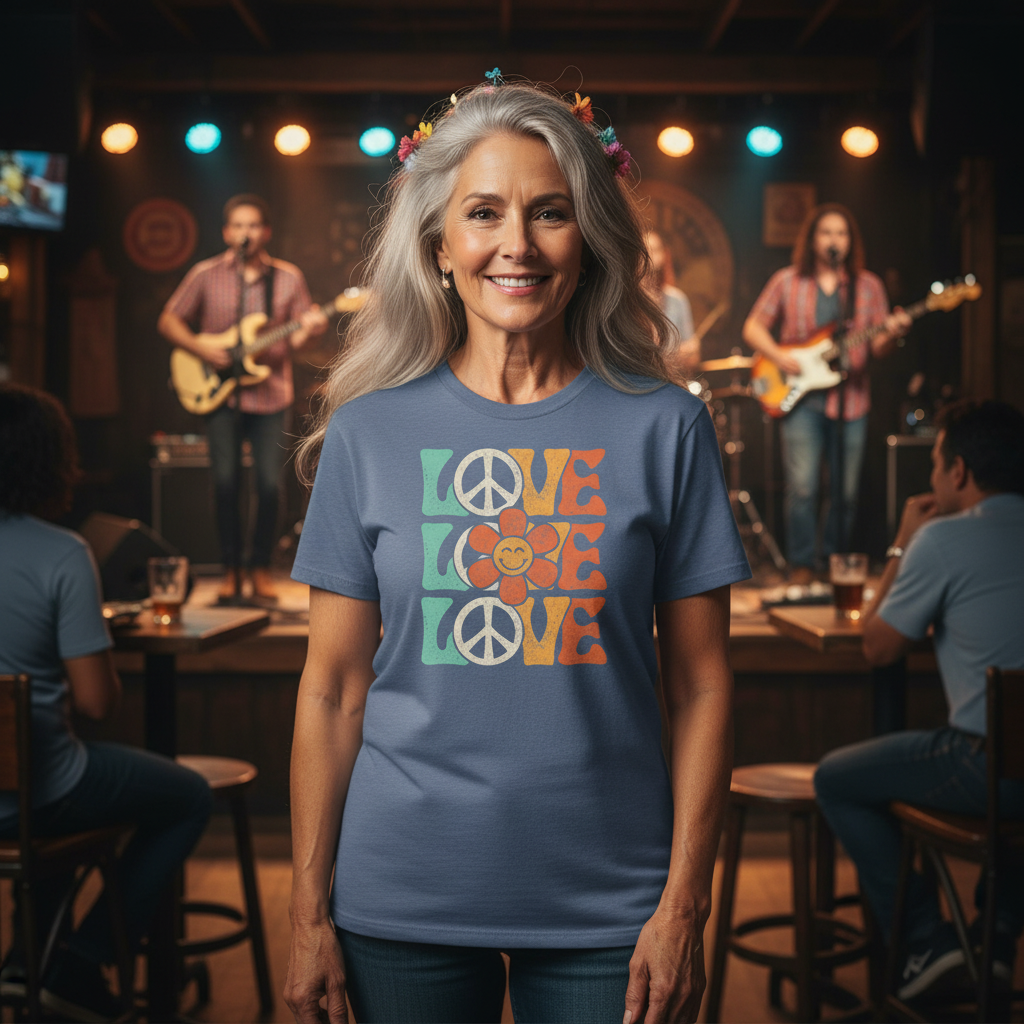 Heather Indigo | Unisex | Lifestyle | Retro Peace and Love T-Shirt - Smiling Flower Hippie Tee