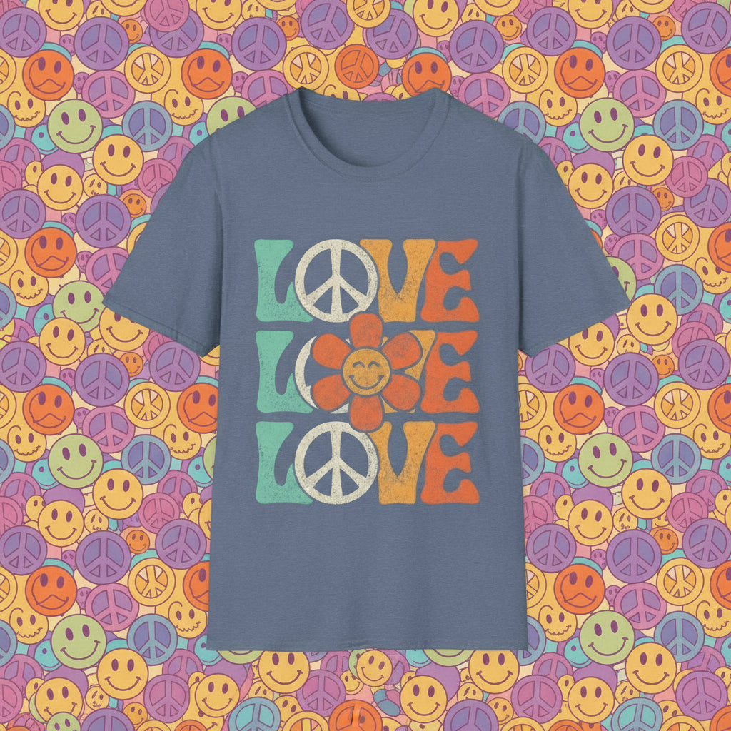 Heather Indigo | Unisex | Retro Peace and Love T-Shirt - Smiling Flower Hippie Tee