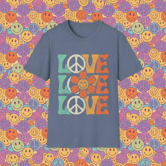 Heather Indigo | Unisex | Retro Peace and Love T-Shirt - Smiling Flower Hippie Tee