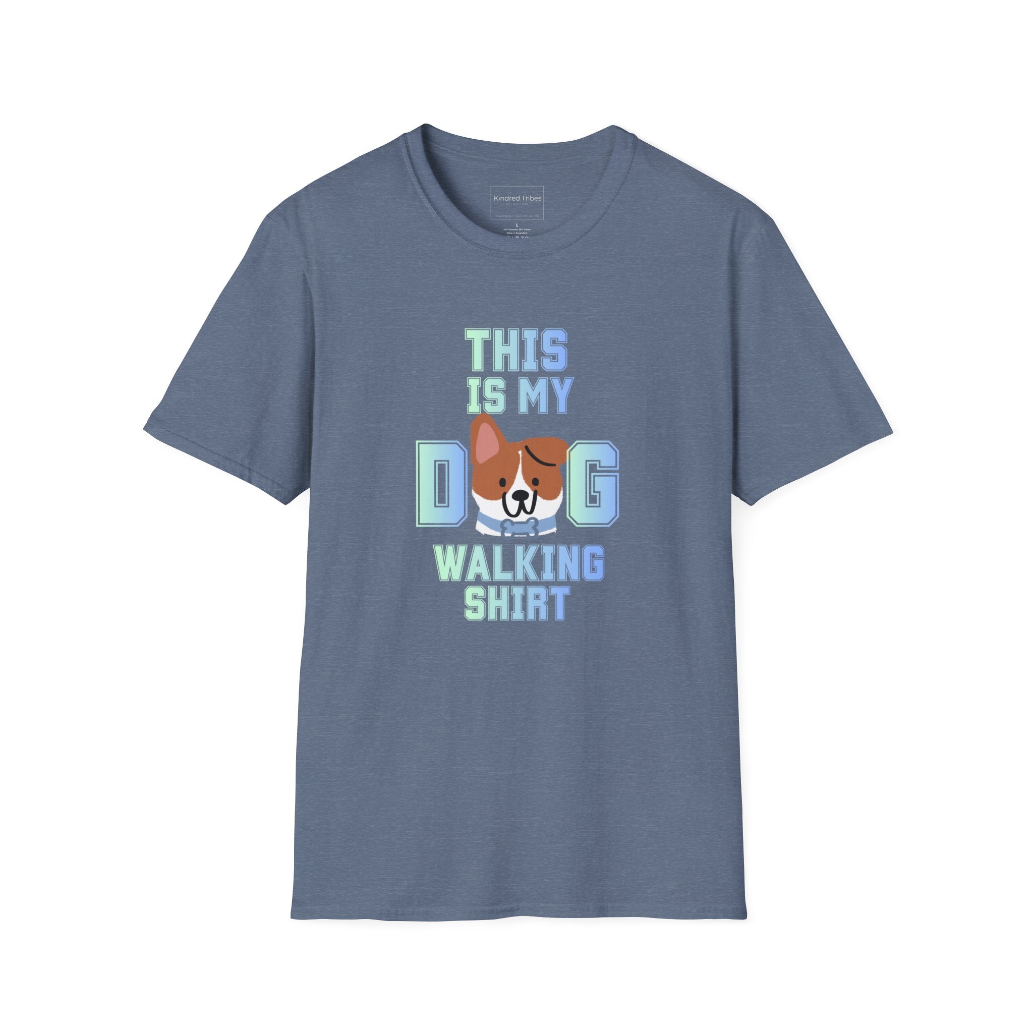 Blue t-shirt with a cute dog graphic and text that reads 'This Is My Dog Walking Shirt'.