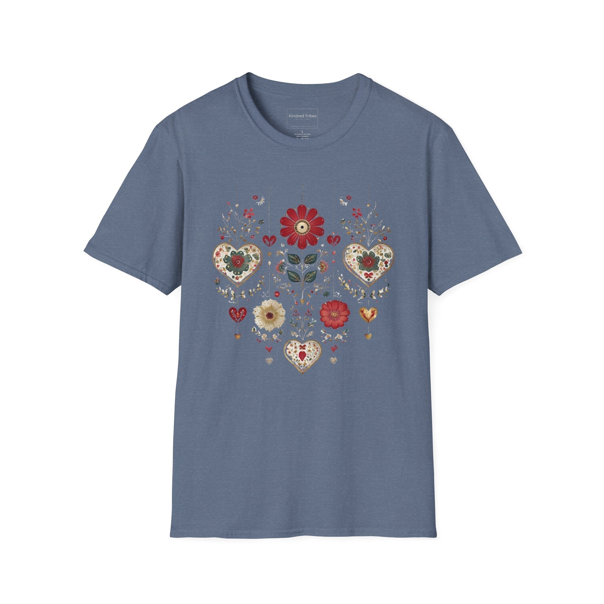 Heather Indigo Folk Art Hanging Hearts T-Shirt has a floral folk art design with artisanal hearts.