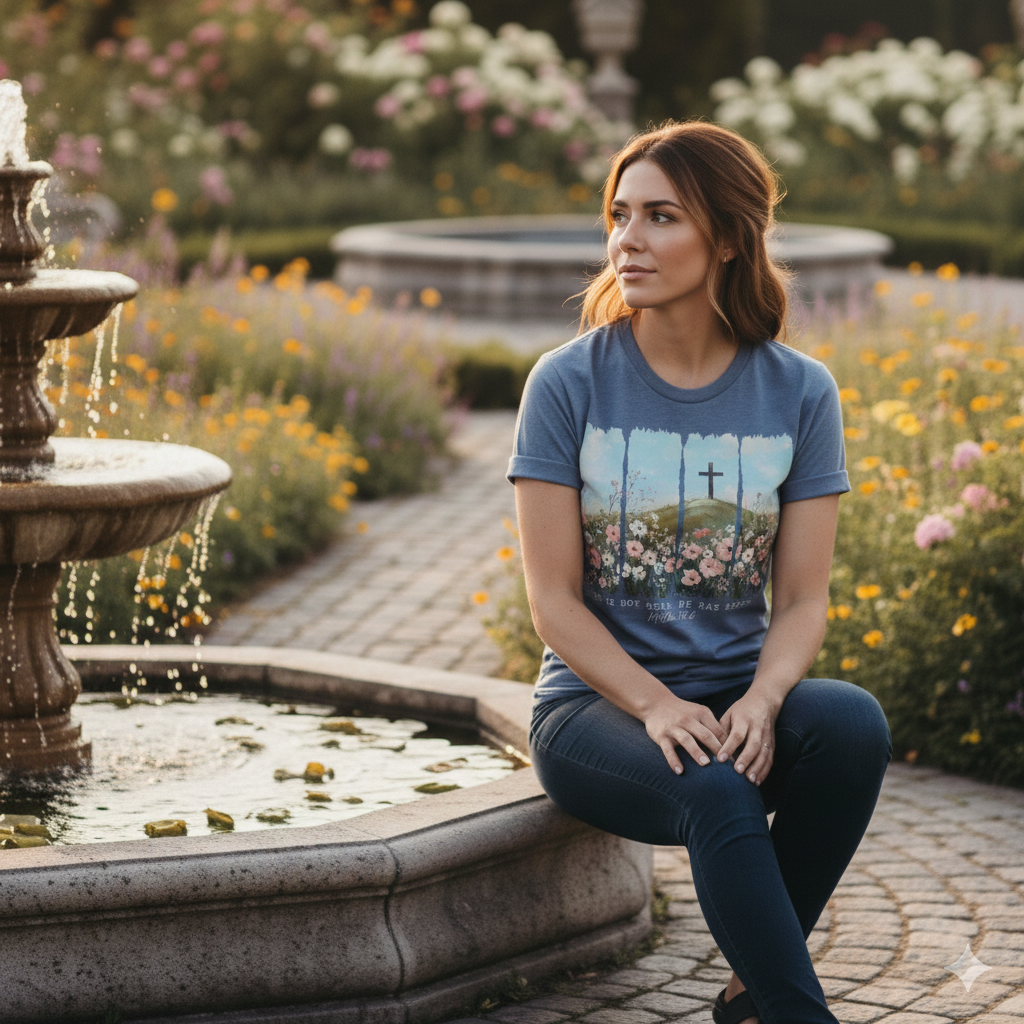 Woman sitting by a fountain in a garden wearing a Heather Indigo Easter He Is Risen - Floral Cross Christian Tee featuring a painterly, four-panel graphic of a serene spring landscape. A wooden cross stands on a green hilltop overlooking a field of pink, white, and red wildflowers under a soft blue sky. Below the artwork, the text reads 'HE IS NOT HERE. HE HAS RISEN.' followed by the scripture 'Matthew 28:6' in elegant cursive.