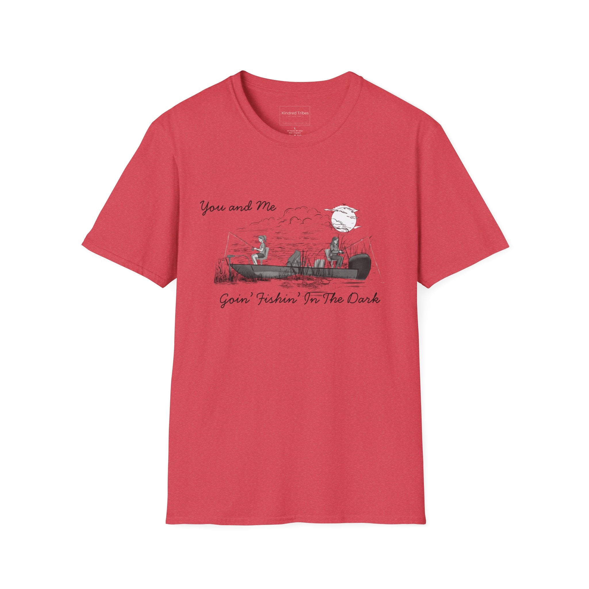 The Best Friends Fishin' In The Dark T-Shirt shows two women in a fishing boat fishing with the moon shining down in a black and white hand sketched print design on a heather red cotton tee.