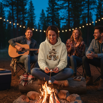 Woman wearing Highland Cow Hoodie with cozy winter design roasting marshmallows by a campfire with friends outdoors