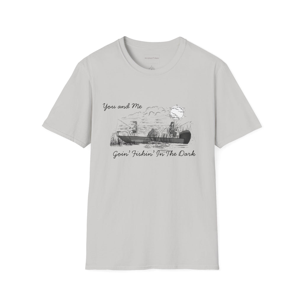 The Best Friends Fishin' In The Dark T-Shirt, in light grey, shows two women in a fishing boat fishing with the moon shining down in a black and white hand sketched print design on a ice grey cotton tee.