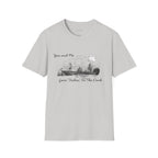 The Best Friends Fishin' In The Dark T-Shirt, in light grey, shows two women in a fishing boat fishing with the moon shining down in a black and white hand sketched print design on a ice grey cotton tee.