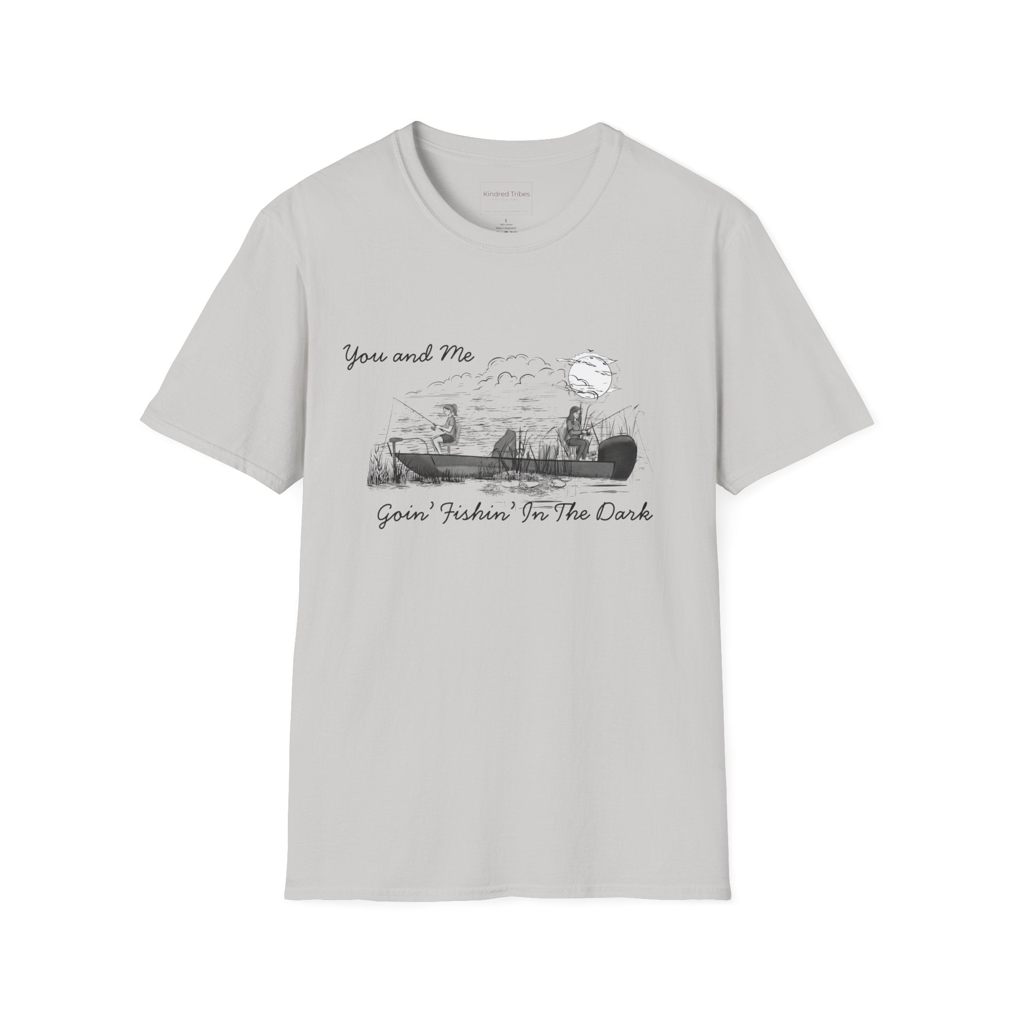 The Best Friends Fishin' In The Dark T-Shirt, in light grey, shows two women in a fishing boat fishing with the moon shining down in a black and white hand sketched print design on a ice grey cotton tee.