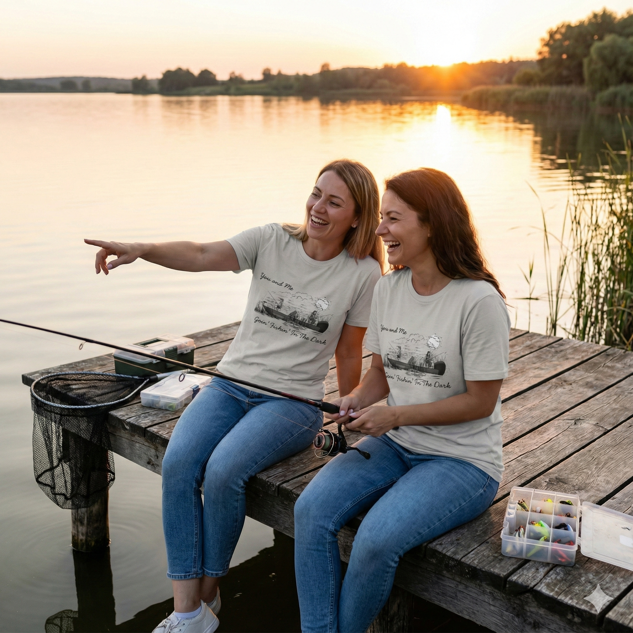 Two women sitting on a dock fishing wearing an ice grey Best Friends Fishin' In The Dark tshirt with a black and white hand sketched image of two best friends in a fishing boat fishing in the moonlight with the saying 'You and Me Goin' Fishin' In The Dark'.