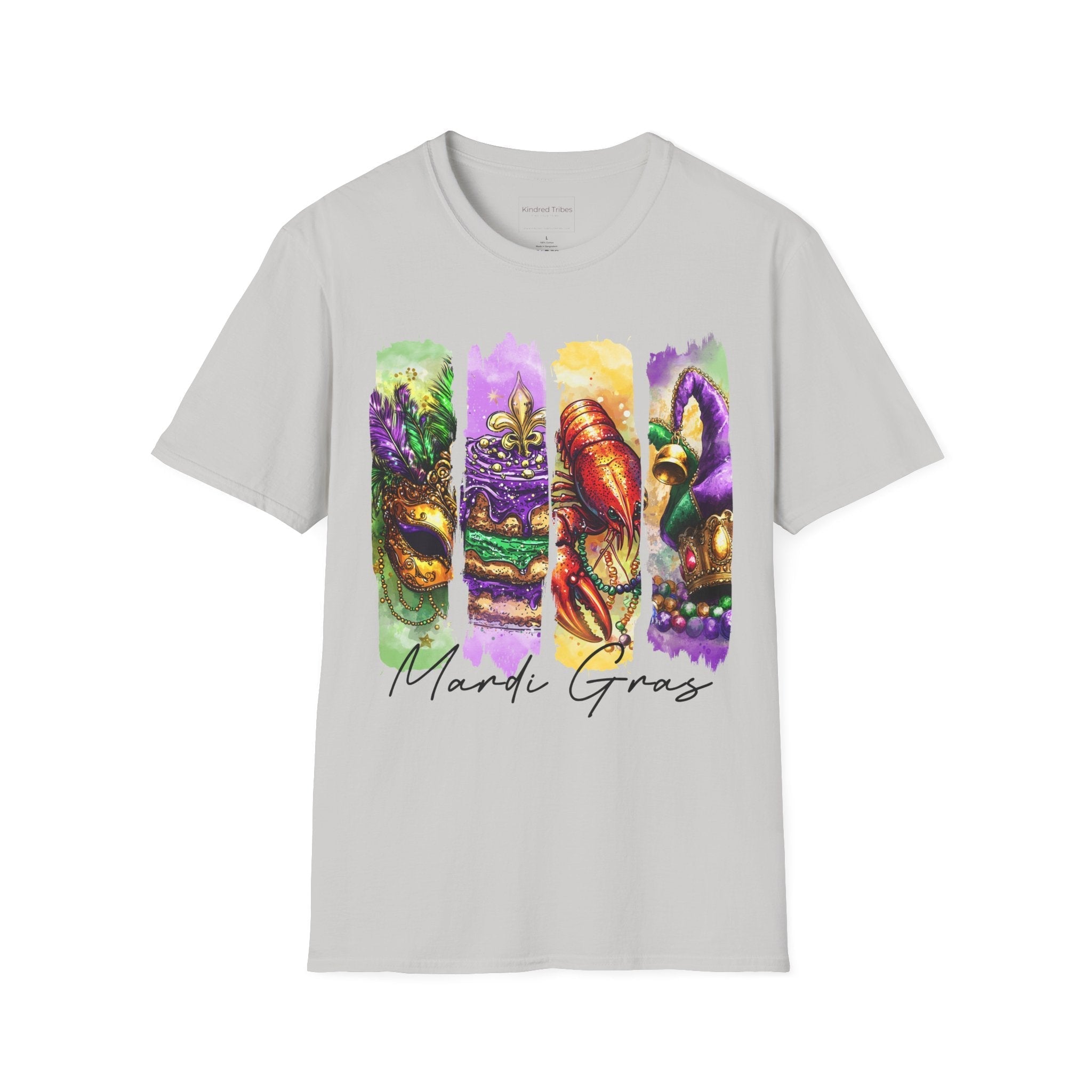The Ultimate Mardi Gras Tee in light Grey featuring a four-panel vertical graphic celebrating Mardi Gras. The panels, from left to right, depict an ornate golden masquerade mask on a green background, a purple-iced King Cake with a fleur-de-lis on a purple background, a vibrant red crawfish on a yellow background, and a jester's hat with colorful beads on a purple background. Below the panels, 'Mardi Gras' is written in elegant black script.