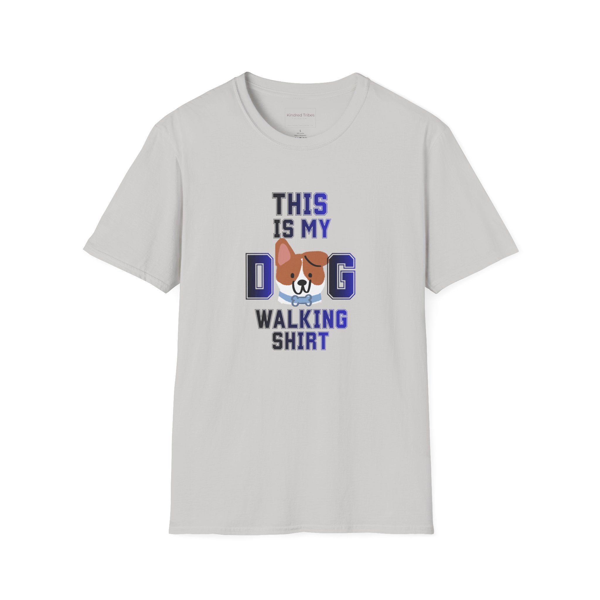 Gray t-shirt with a cute dog graphic and text that reads 'This Is My Dog Walking Shirt'.