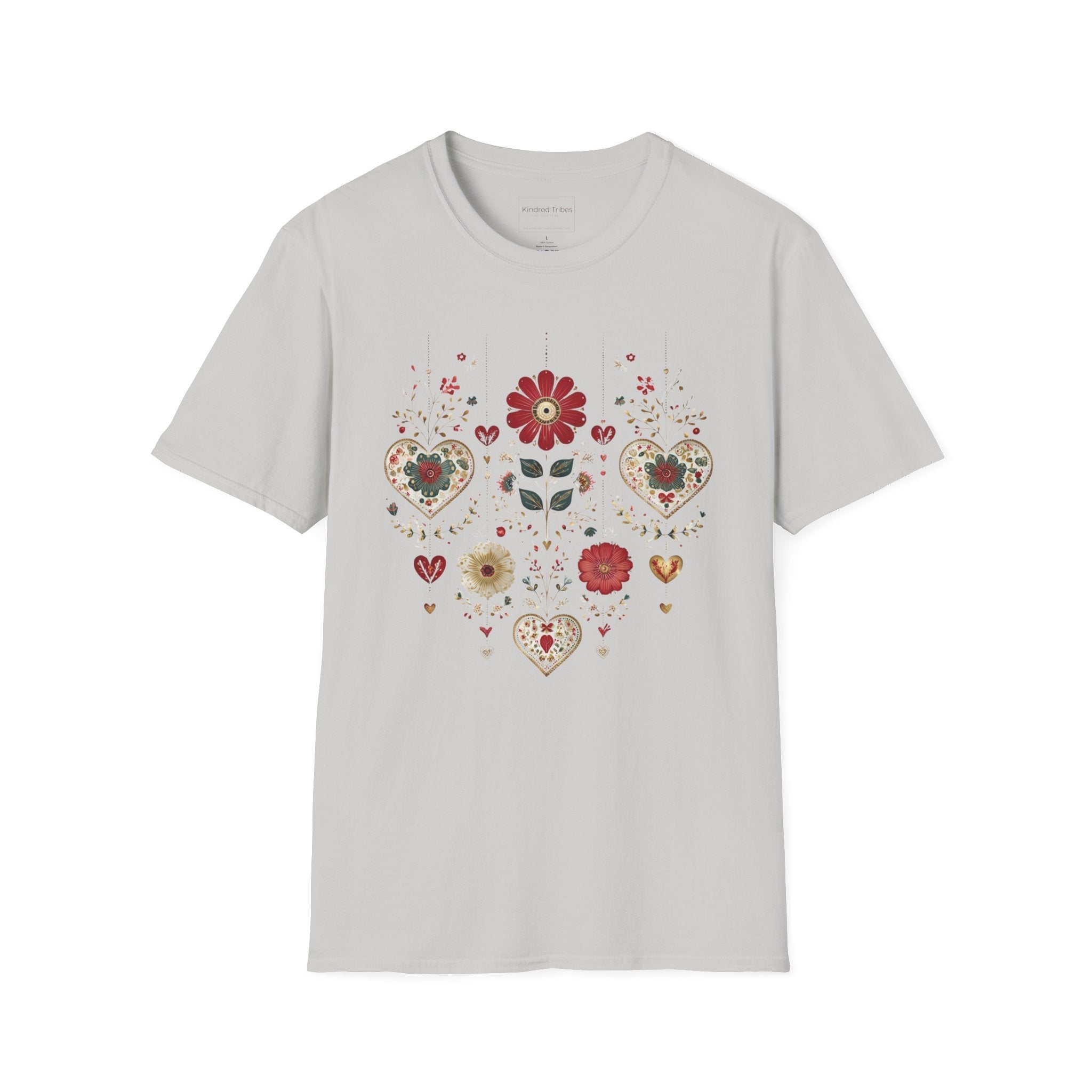 Light Grey Folk Art Hanging Hearts T-Shirt has a floral folk art design with artisanal hearts.