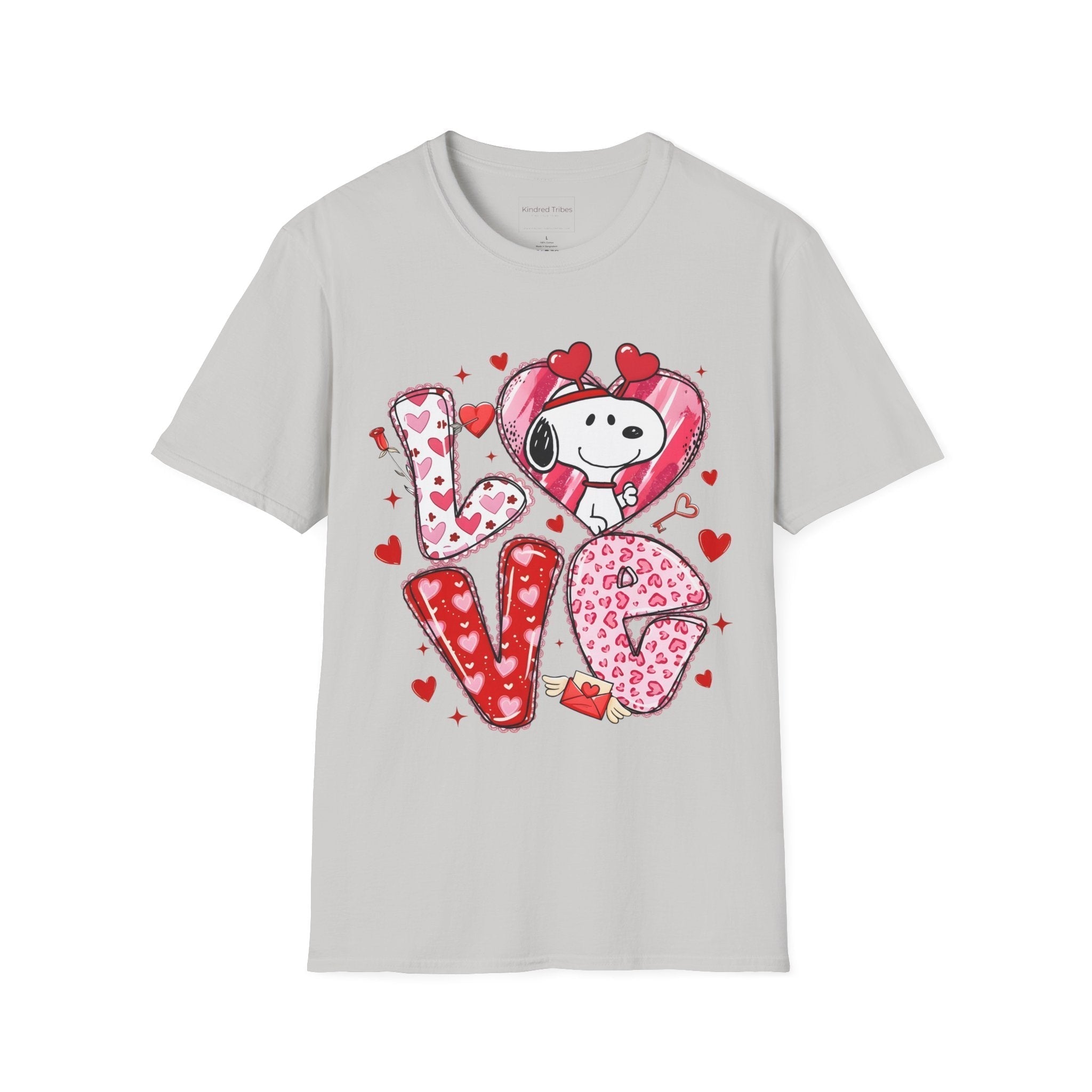 Light Grey Snoopy Love Heart-to-Heart T-Shirt with the letters L-O-V-E on it with pink and red hearts and the letter O is a heart with Snoopy in it. 