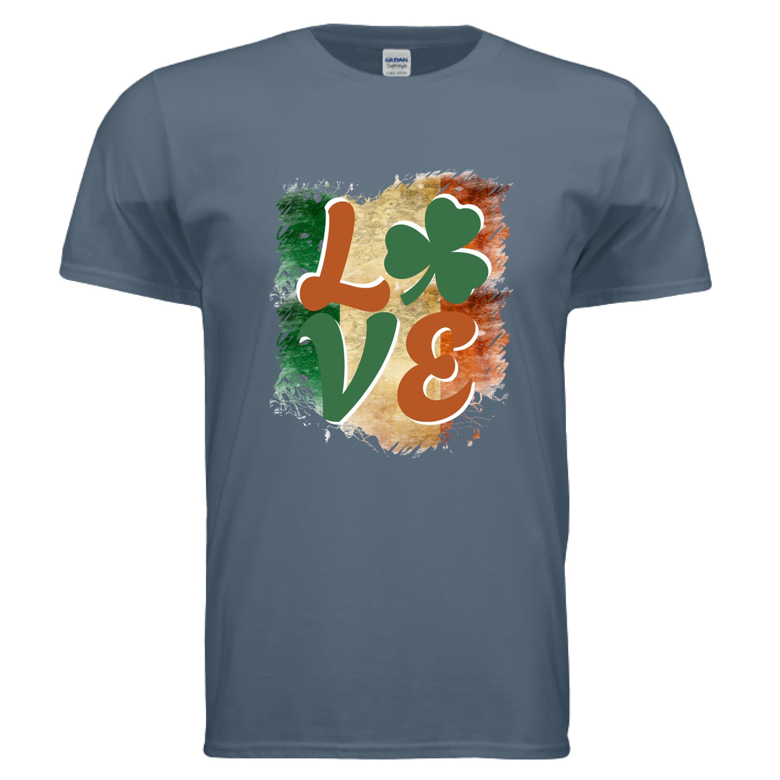 An Indigo Blue Celtic Love t-shirt featuring a vintage-style graphic of the word 'LOVE.' The letters 'L,' 'V,' and 'E' are in a stylized, earthy orange and green font. A vibrant green shamrock replaces the letter 'O.' The entire word is set against a distressed, brushstroke-style background representing the green, white, and orange vertical stripes of the Irish flag.