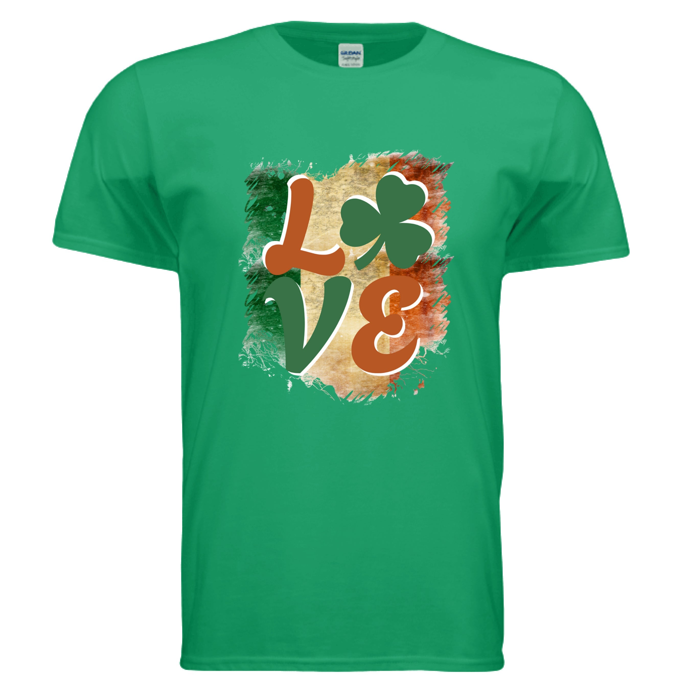 An Irish Green Celtic Love t-shirt featuring a vintage-style graphic of the word 'LOVE.' The letters 'L,' 'V,' and 'E' are in a stylized, earthy orange and green font. A vibrant green shamrock replaces the letter 'O.' The entire word is set against a distressed, brushstroke-style background representing the green, white, and orange vertical stripes of the Irish flag.