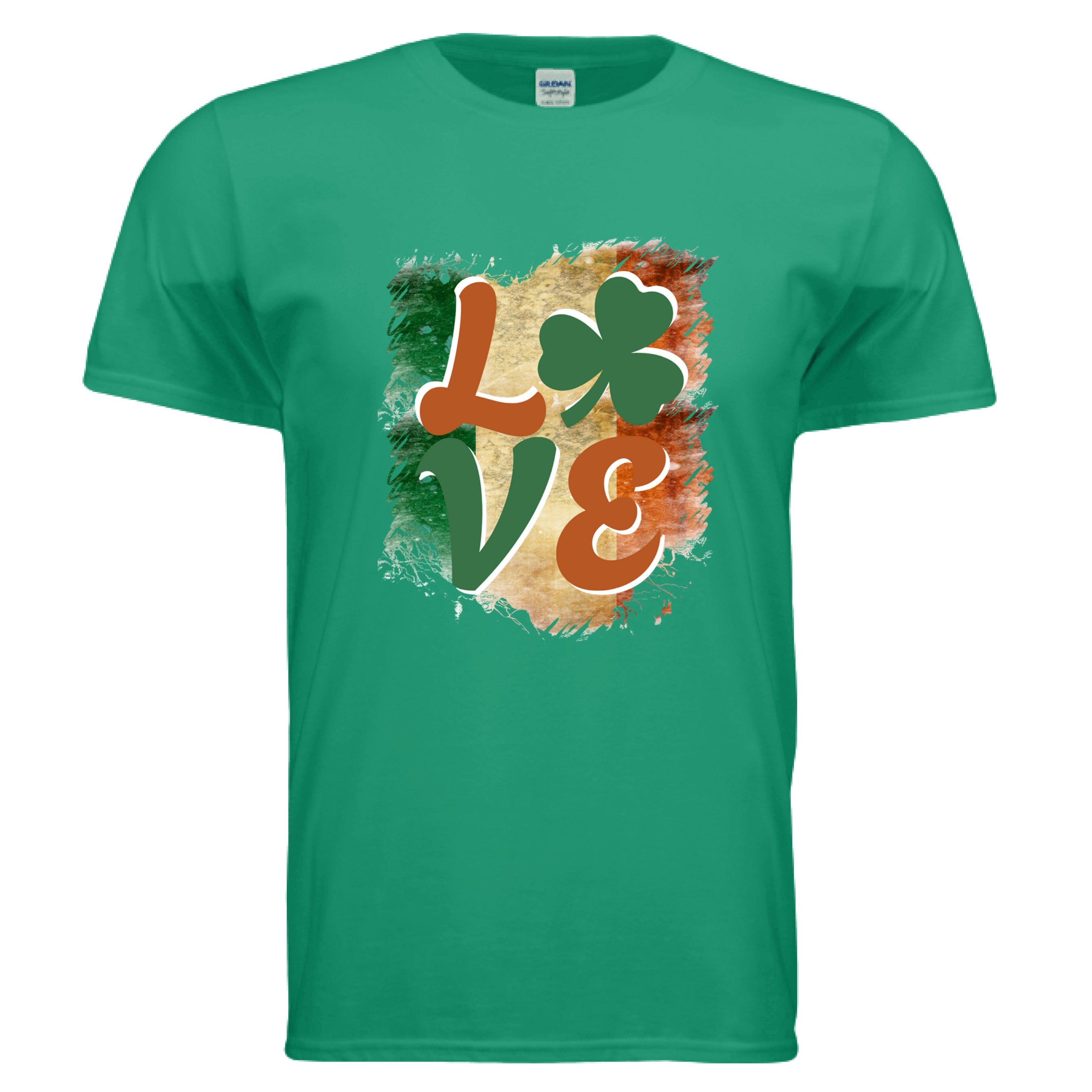 A Kelly Green Celtic Love t-shirt featuring a vintage-style graphic of the word 'LOVE.' The letters 'L,' 'V,' and 'E' are in a stylized, earthy orange and green font. A vibrant green shamrock replaces the letter 'O.' The entire word is set against a distressed, brushstroke-style background representing the green, white, and orange vertical stripes of the Irish flag.