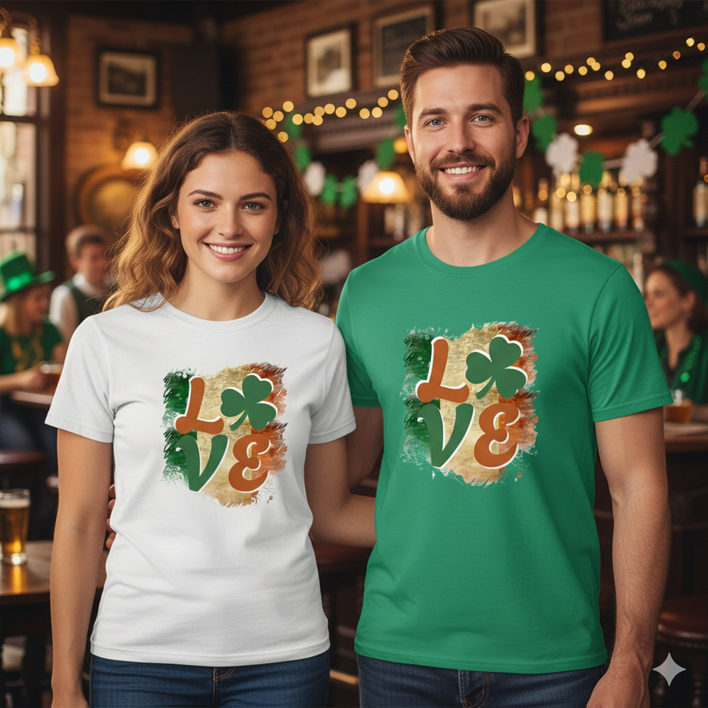 A Woman wearing the White Celtic Love T-Shirt and a man wearing the Kelly Green t-shirt.  The t-shirt features a vintage-style graphic of the word 'LOVE.' The letters 'L,' 'V,' and 'E' are in a stylized, earthy orange and green font. A vibrant green shamrock replaces the letter 'O.' The entire word is set against a distressed, brushstroke-style background representing the green, white, and orange vertical stripes of the Irish flag.