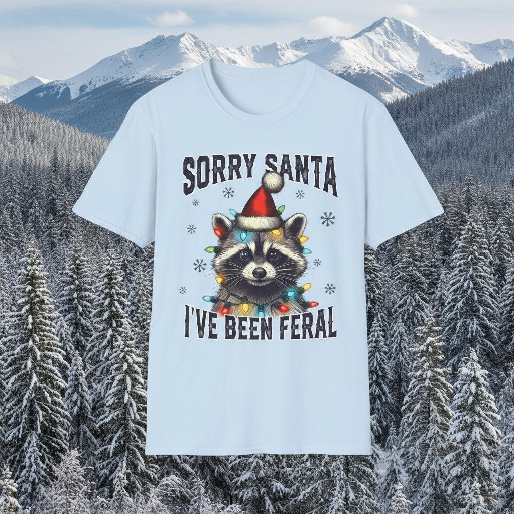 Light Blue Sorry Santa Feral Raccoon T-Shirt - Funny Christmas Humor Tee